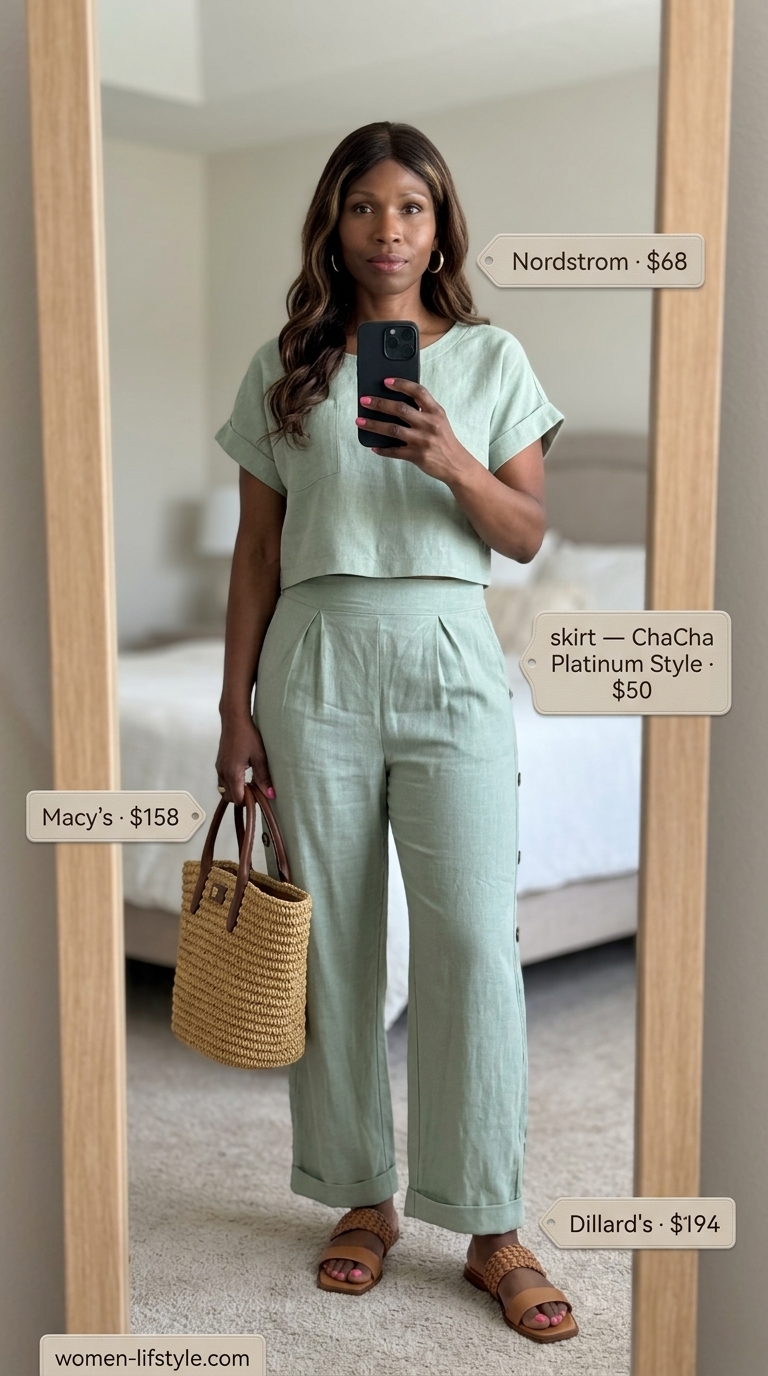 Trendy monochrome summer outfits 2026: Sage green linen co-ord set with straw bag and slides for relaxed chic.