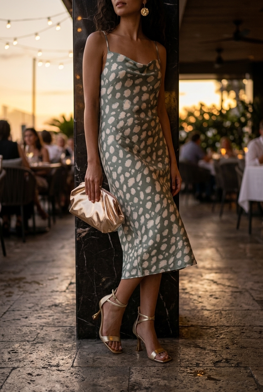Trendy monochrome summer outfits 2026: Sage green satin slip dress with gold accessories for elegant evening style.
