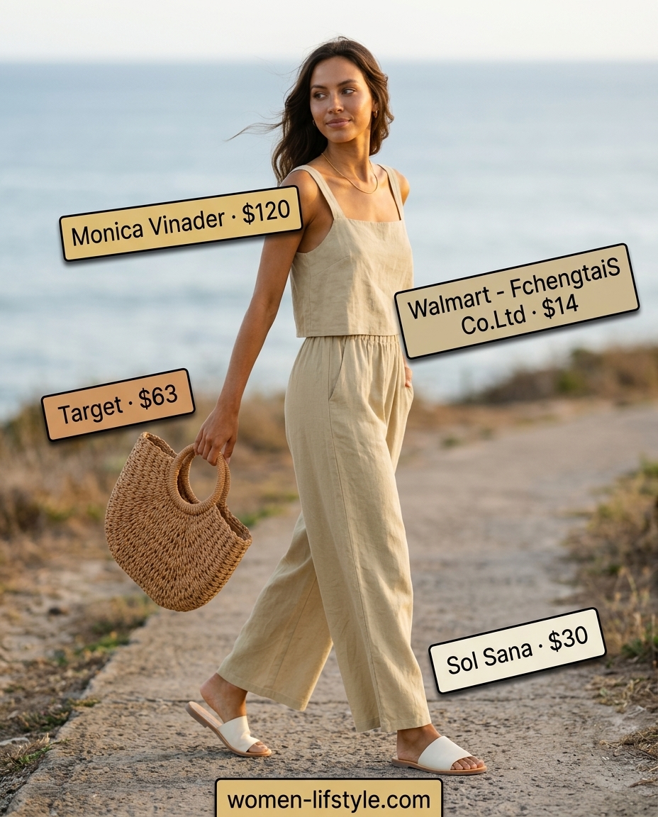 Relaxed sandy beige monochrome co-ord for vacation or travel. Trendy monochrome summer outfits 2026.
