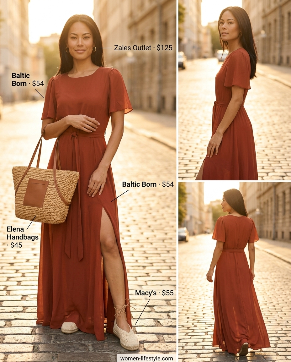 Terracotta maxi dress outfit: trendy monochrome summer outfits 2026. Grounded, bohemian style for beach vacations or outdoor markets.