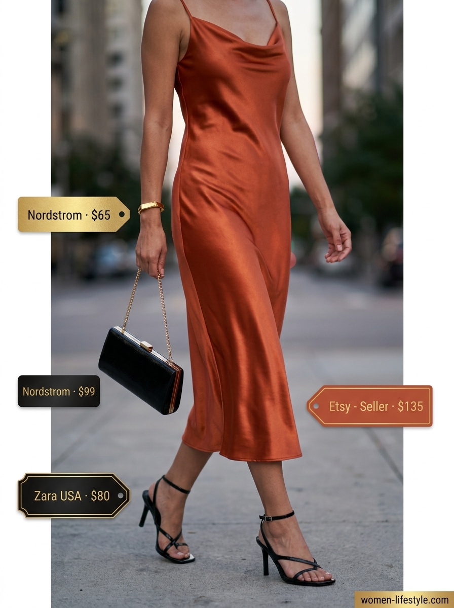 Trendy monochrome summer outfits 2026: Terracotta slip dress with black heels and clutch for a sultry evening look.