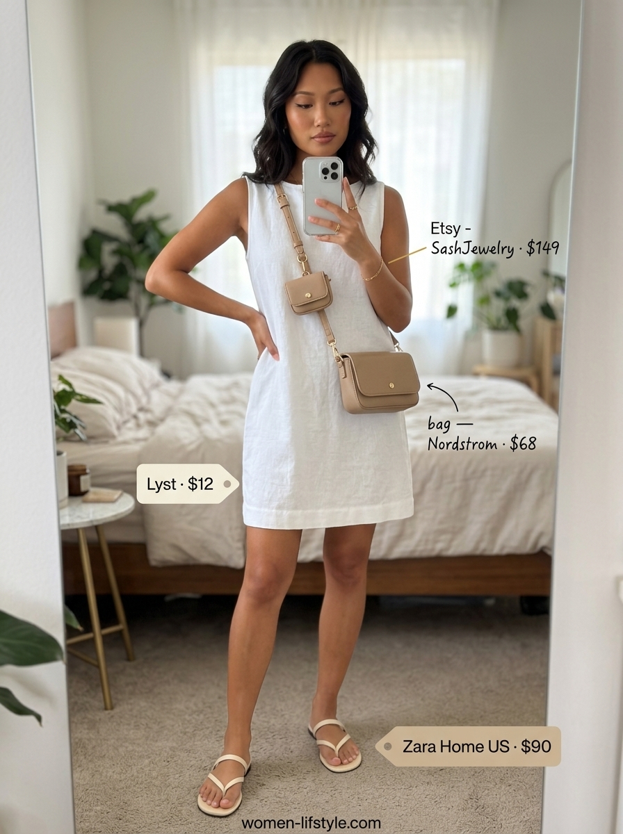 Trendy monochrome summer outfits 2026: White linen mini dress with tan sandals and crossbody bag for minimalist style.