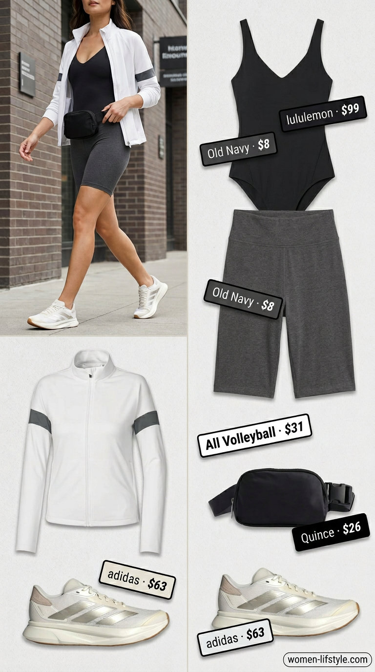 Athleisure outfit with black bodysuit, grey biker shorts, and zip-up jacket. Trendy summer bodysuit outfits for women 2026.