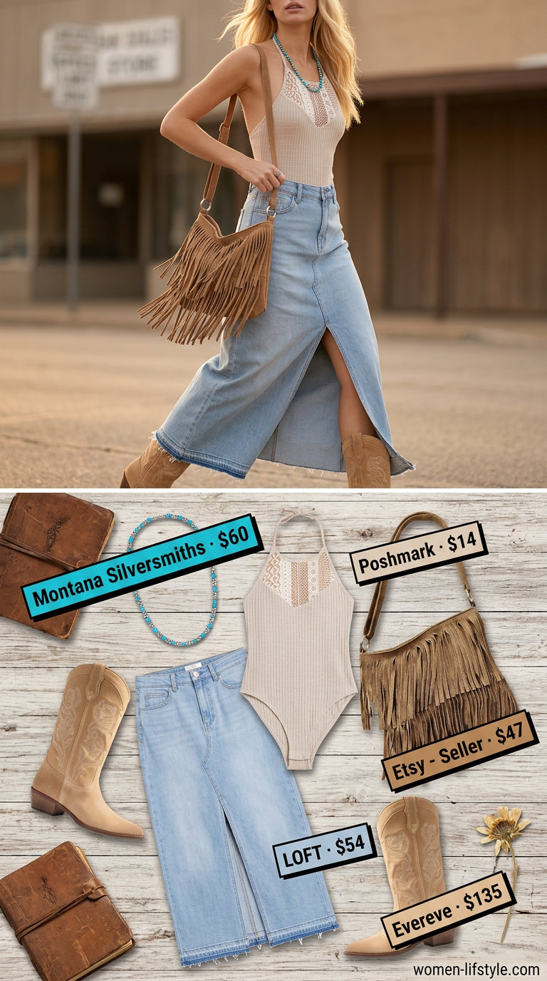 Boho festival outfit: Cream crochet bodysuit, denim maxi skirt, turquoise necklace, suede fringe bag, cowboy boots for women 2026.