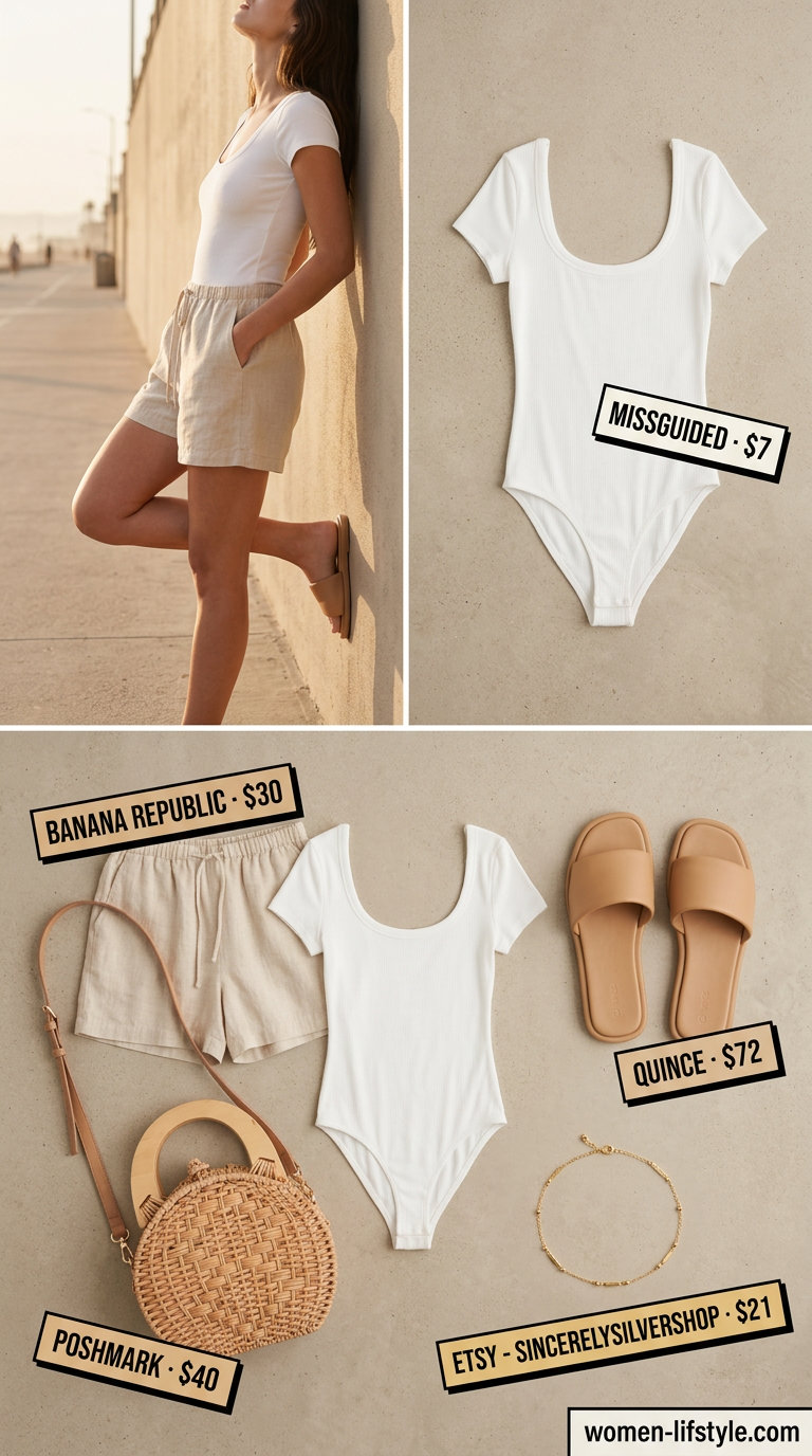Coastal breeze outfit with white bodysuit, beige linen shorts, and slide sandals. Trendy summer bodysuit outfits for women 2026.