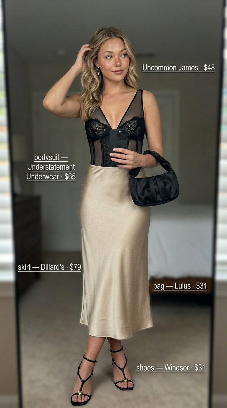 Elegant evening bodysuit outfit: Black lace bodysuit, champagne satin skirt, gold earrings, black heels, satin clutch for women 2026.