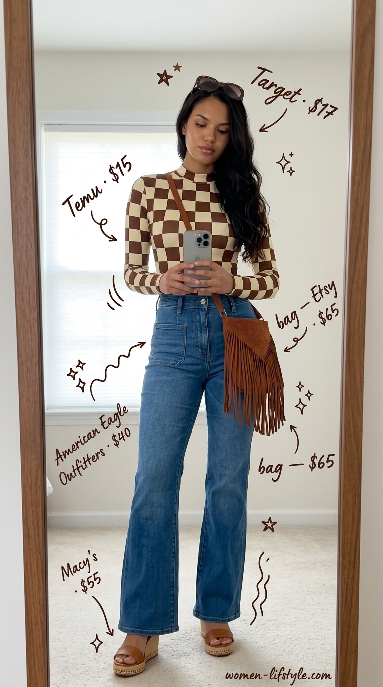 Retro bodysuit outfit: Brown geometric print bodysuit, flare jeans, oversized sunglasses, fringe bag, wedge sandals for women 2026.