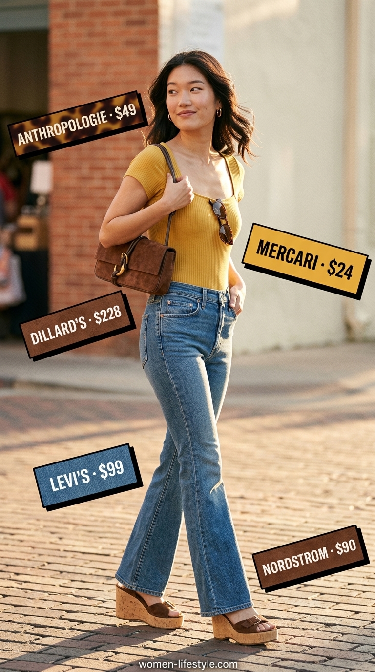 Retro outfit with mustard yellow bodysuit, flared denim jeans, and platform sandals. Trendy summer bodysuit outfits for women 2026.