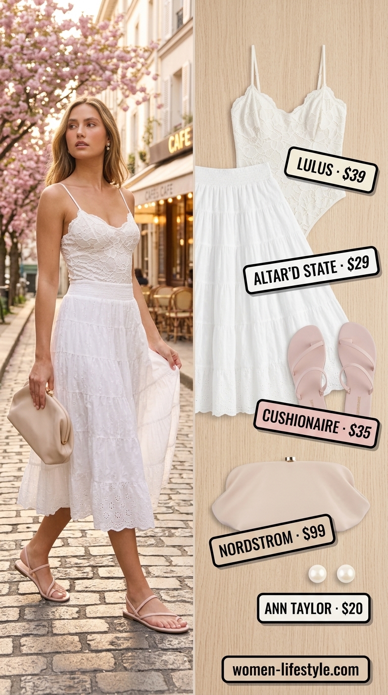 Summer brunch bodysuit outfit: Ivory lace bodysuit, tiered midi skirt, pink sandals, pearl earrings, ivory clutch for women 2026.