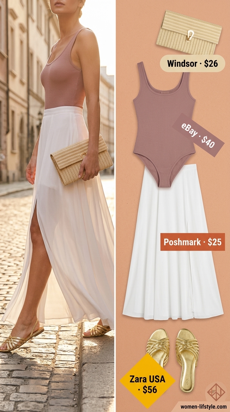 Romantic sunset outfit with terracotta bodysuit, white chiffon skirt, and gold sandals. Trendy summer bodysuit outfits for women 2026.