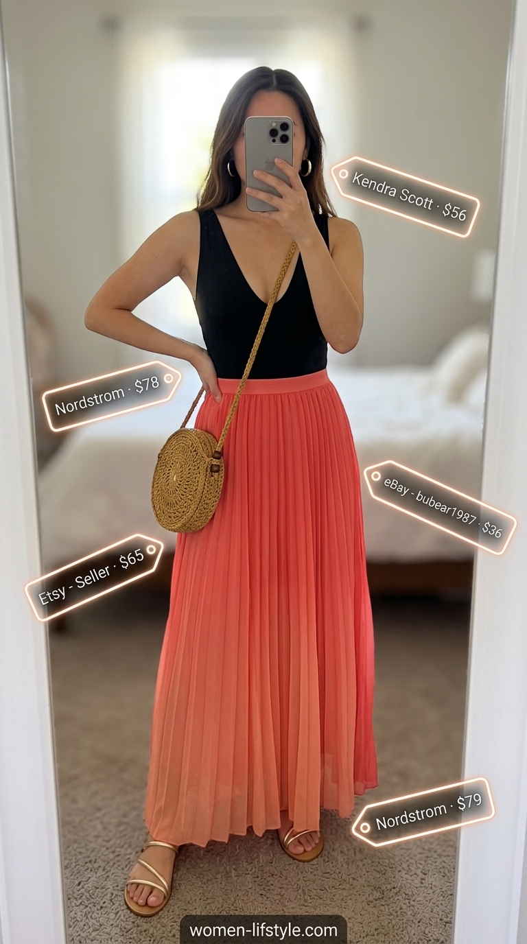 Vibrant coral to peach ombre maxi skirt with a bright coral bodysuit and gold sandals. Trendy summer bodysuit outfits for women 2026.