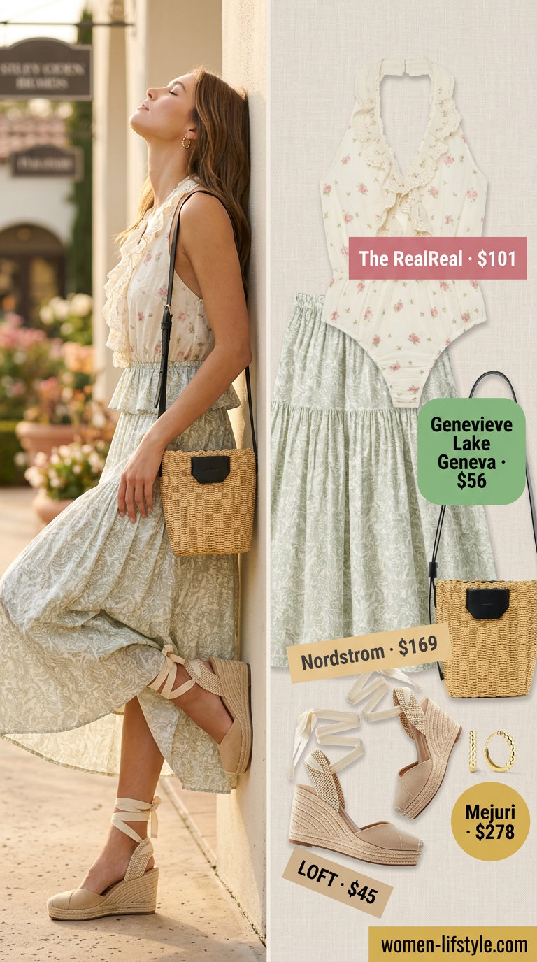 Romantic picnic outfit with floral halter bodysuit, tiered midi skirt, and espadrille wedges. Trendy summer bodysuit outfits for women 2026.