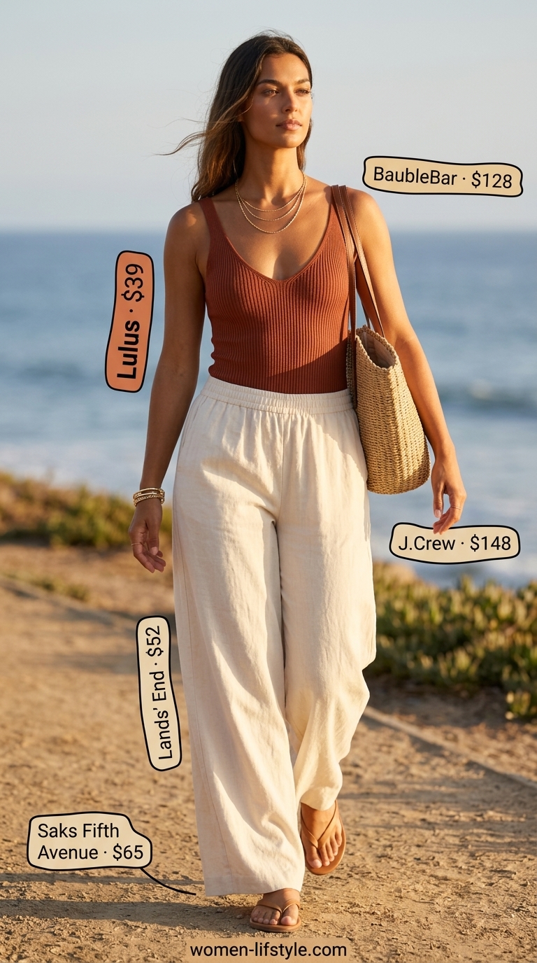 Relaxed summer outfit with terracotta bodysuit, linen pants, and flat sandals. Trendy summer bodysuit outfits for women 2026.