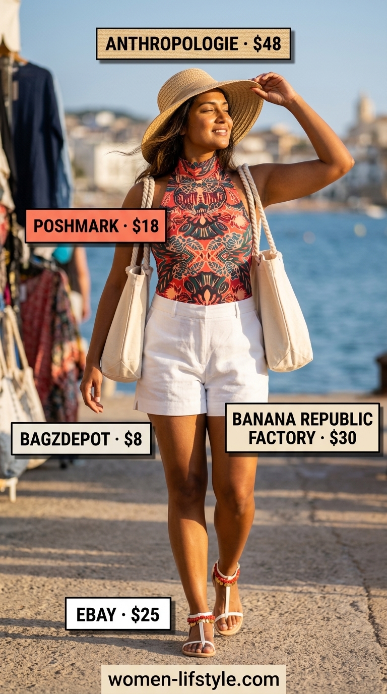 Vacation ready bodysuit outfit: Teal abstract bodysuit, white linen shorts, straw hat, leather sandals, canvas tote for women 2026.