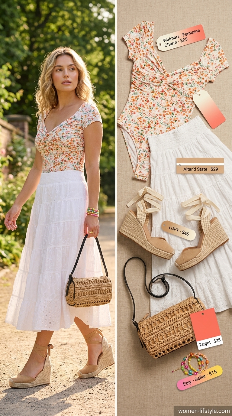 Brunch summer bodysuit outfit 2026: Floral bodysuit, white midi skirt, espadrilles & straw bag.