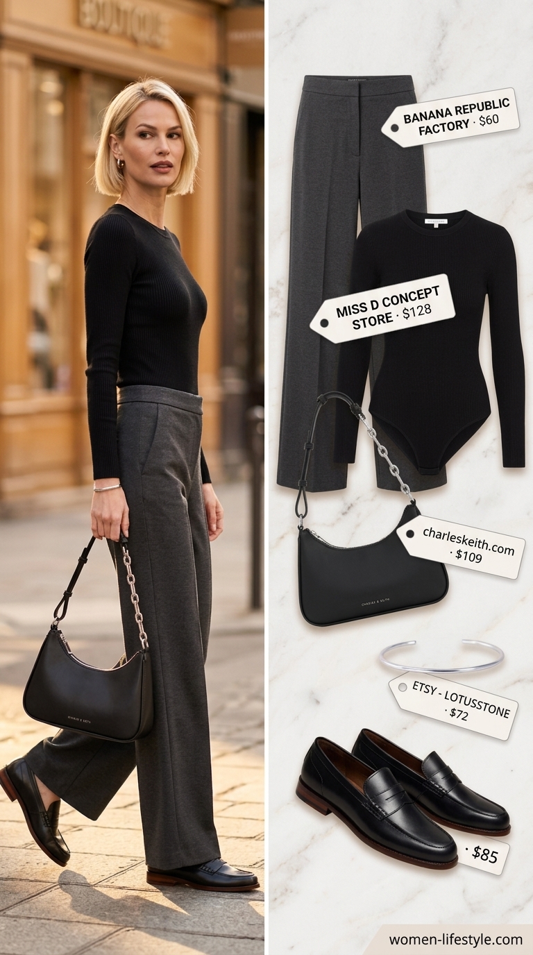 City summer bodysuit outfit 2026: Black bodysuit, charcoal trousers, loafers & silver cuff.