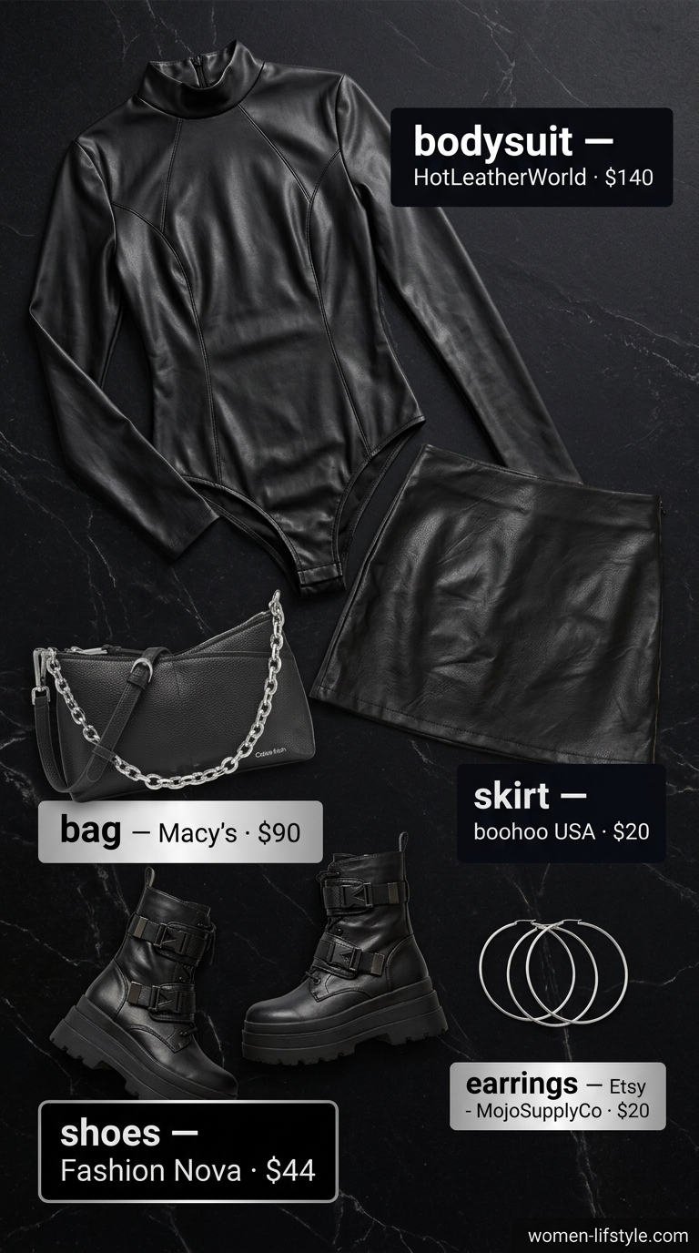 Edgy summer bodysuit outfit 2026: Black faux leather bodysuit, mini skirt, combat boots & silver hoops.