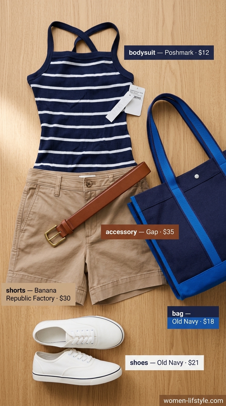 Preppy summer bodysuit outfit 2026: Striped bodysuit, chino shorts, tan belt & canvas tote.