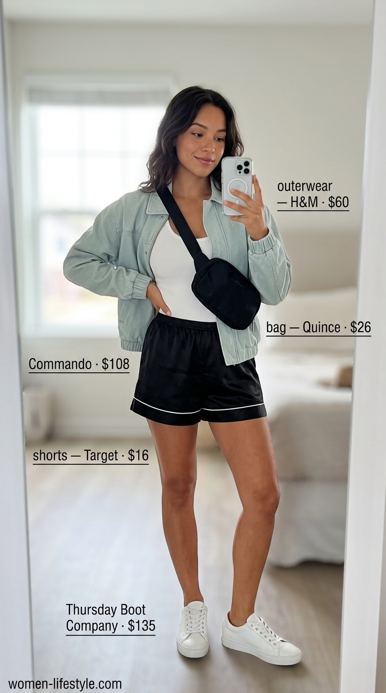 Sporty summer bodysuit outfit 2026: White bodysuit, pastel bomber jacket, satin shorts & belt bag.