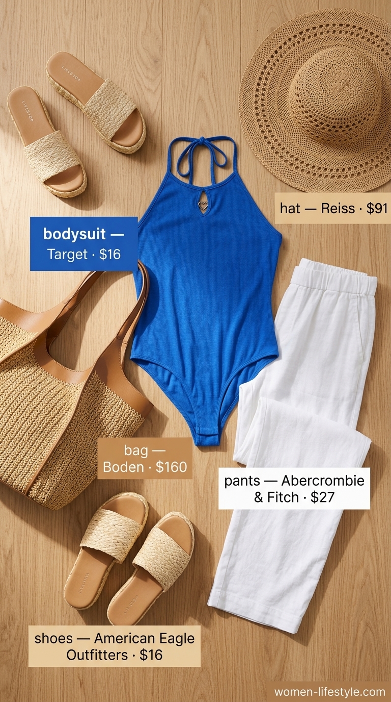 Vacation summer bodysuit outfit 2026: Cobalt halter bodysuit, white linen pants, straw tote & hat.
