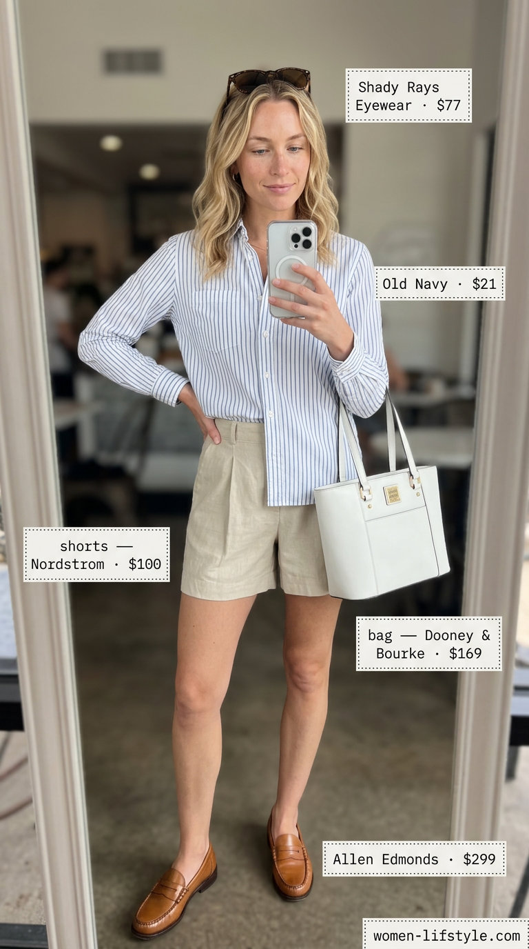 Trendy summer brunch outfits for women 2026: Beige linen shorts, blue stripe shirt, tan loafers.