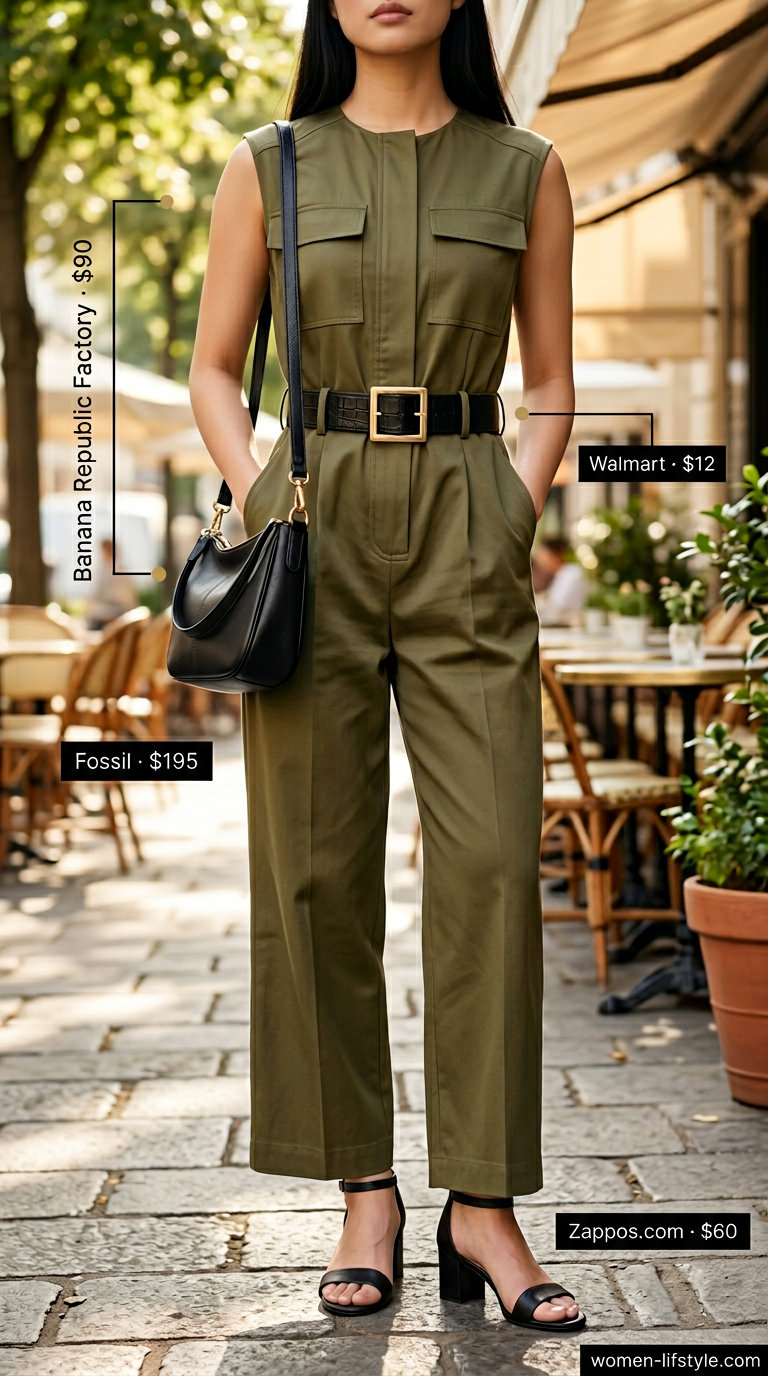 Trendy summer brunch outfits for women 2026: Olive green utility jumpsuit, black belt, black sandals.