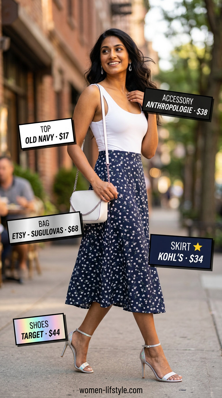 Trendy summer brunch outfits for women 2026: Navy floral skirt, white bodysuit, silver sandals for chic brunch.