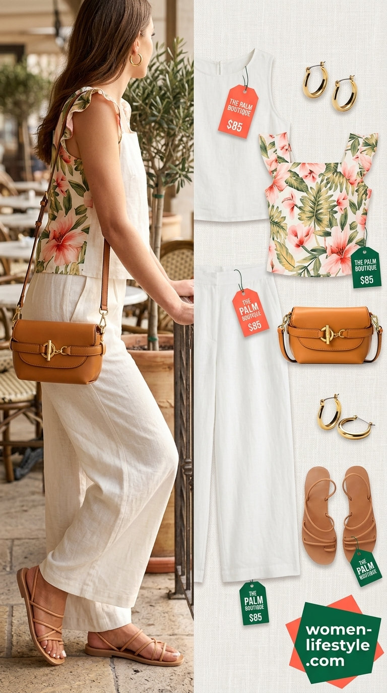Trendy summer brunch outfits for women 2026: White linen pants, coral floral crop top, tan sandals for garden party.