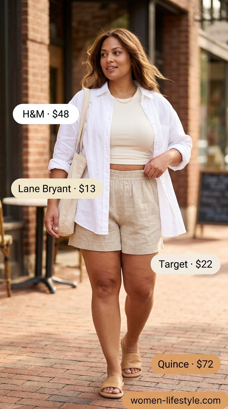Trendy summer brunch outfits for women 2026: Cream tank, beige linen shorts, white linen shirt for relaxed brunch.