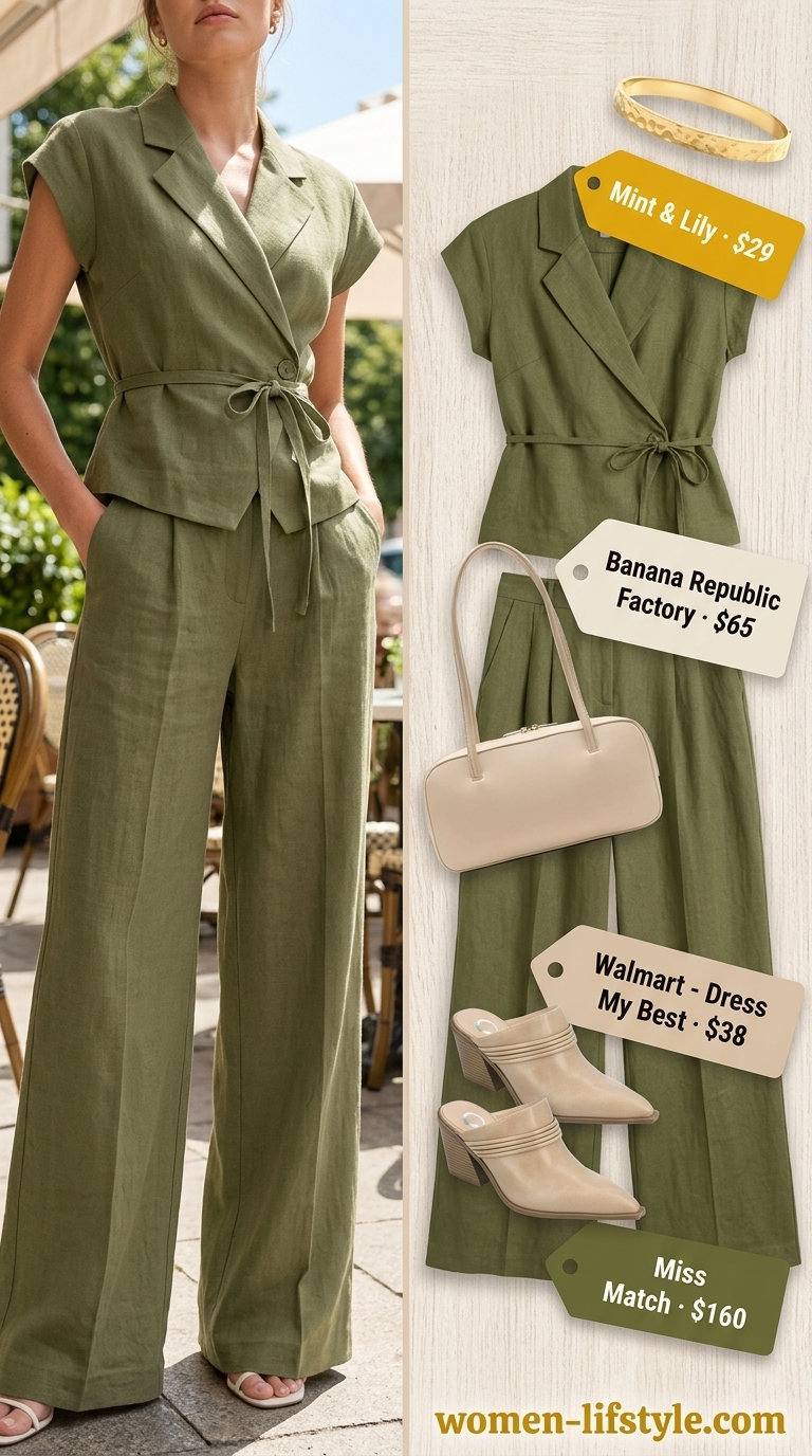Trendy summer brunch outfits for women 2026: Olive green matching set, cream mules, gold bracelet for elegant brunch.