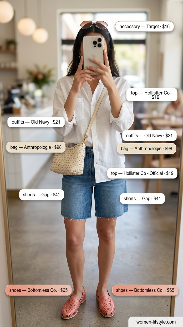 Denim shorts outfit for trendy summer brunch 2026. Blue denim shorts, white linen shirt, coral sandals.
