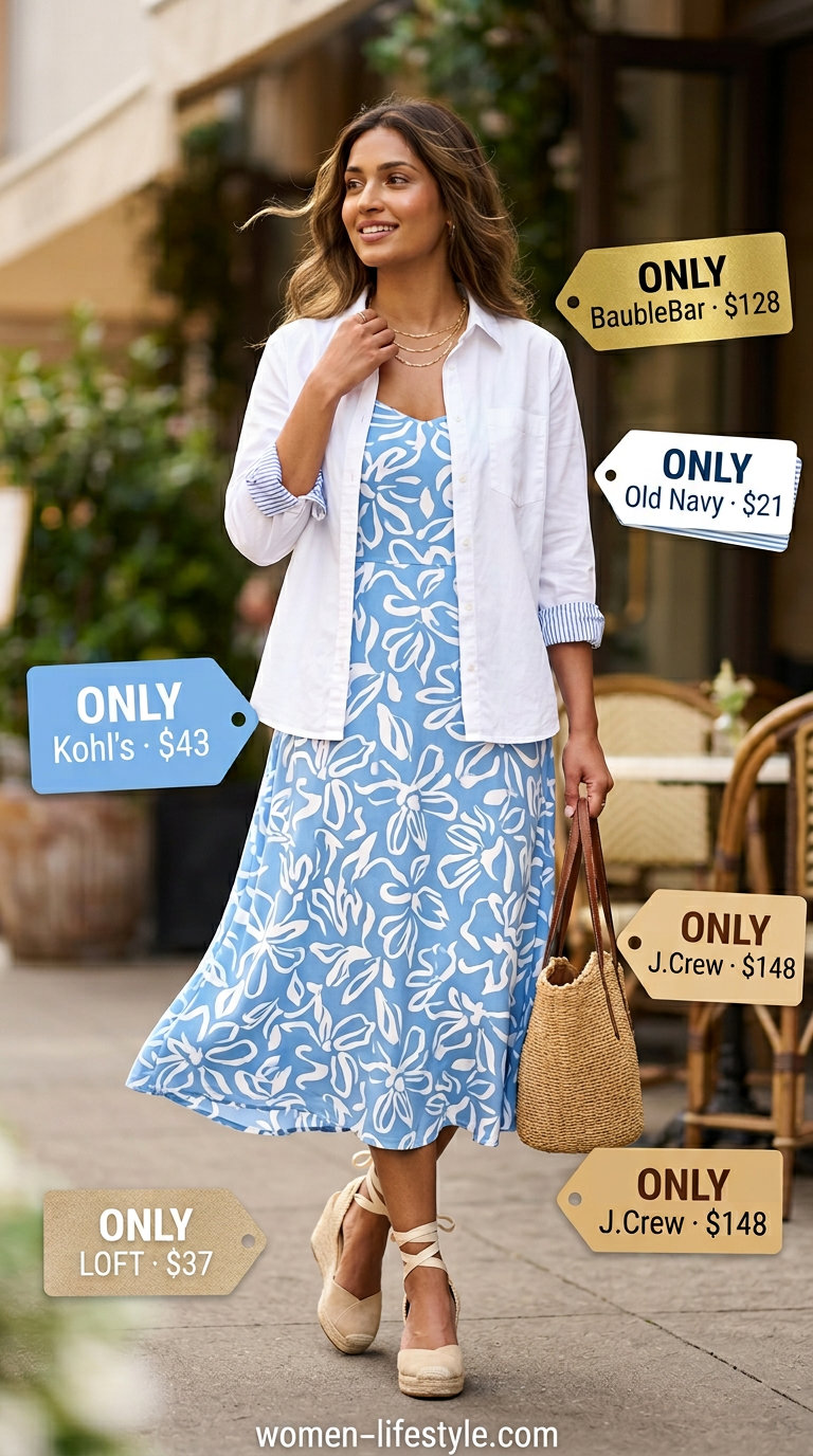 Sunny meadow midi dress for trendy summer brunch 2026. Pastel blue floral dress, espadrilles.
