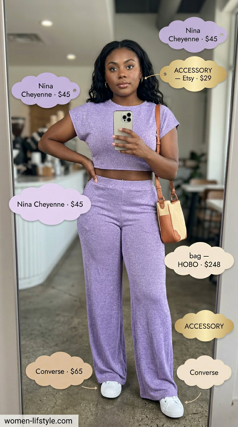 Coordinated comfort set for trendy summer brunch 2026. Lavender linen set, white sneakers.