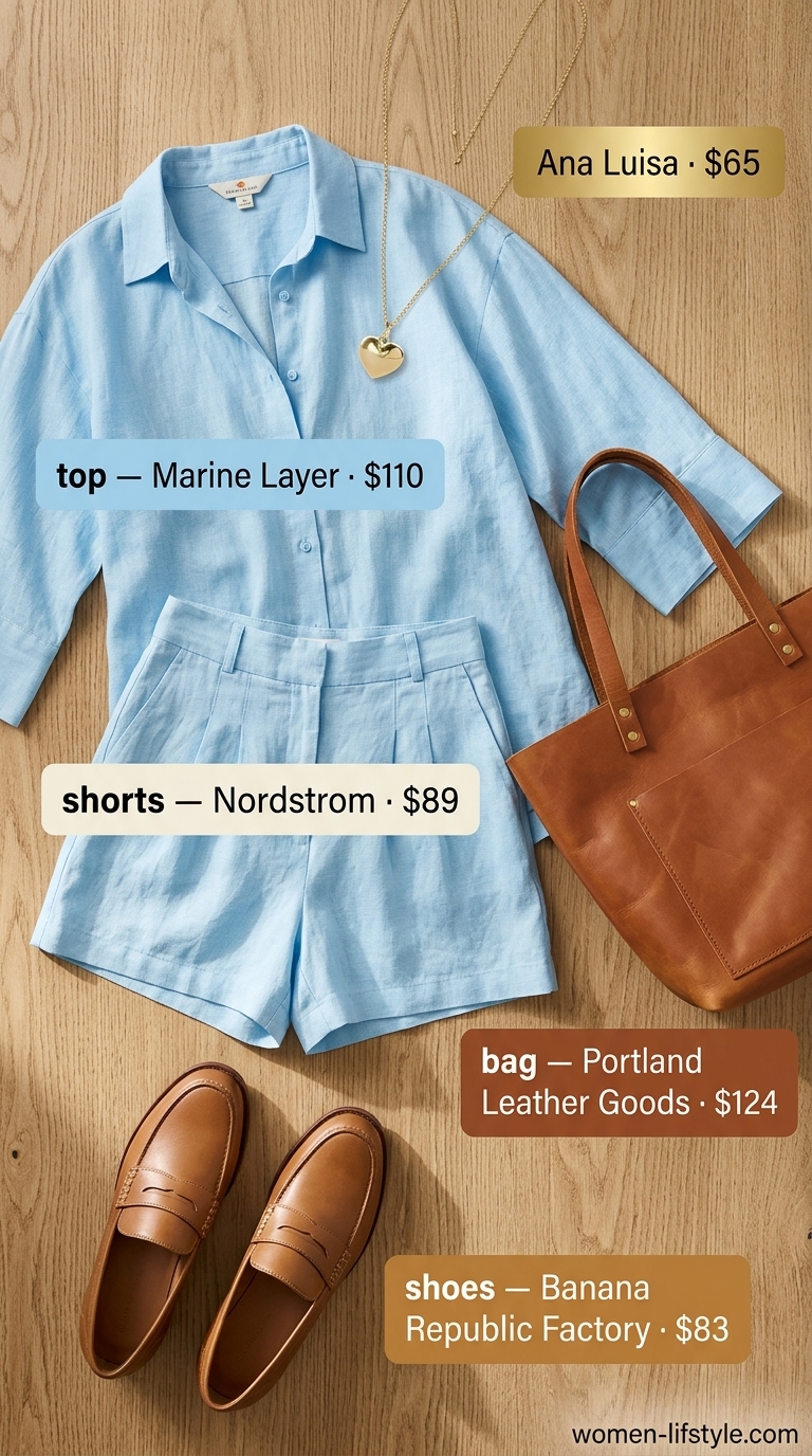 Linen shorts outfit for trendy summer brunch 2026. Light blue linen shorts, white oversized shirt.