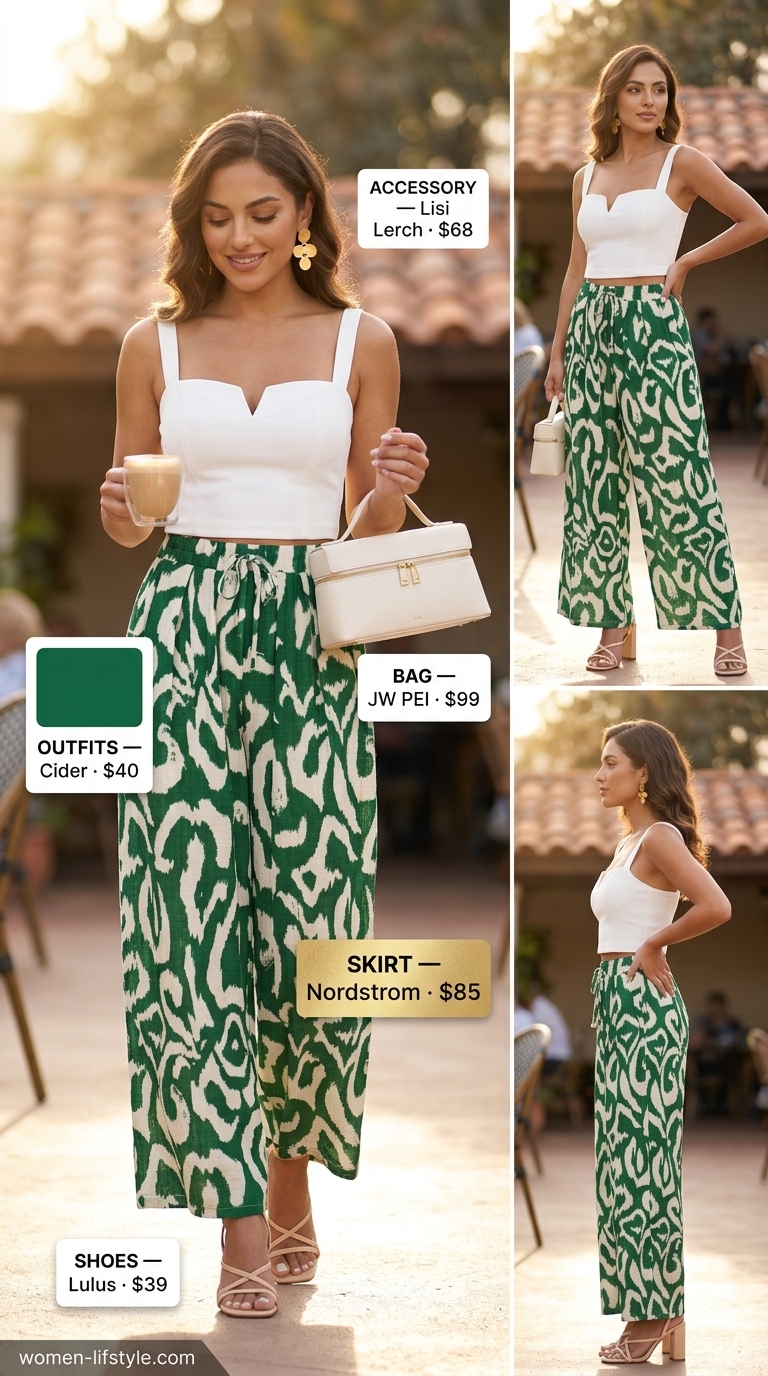 Monochrome midi skirt outfit for trendy summer brunch 2026. Blush pink skirt, white tank, gold earrings.