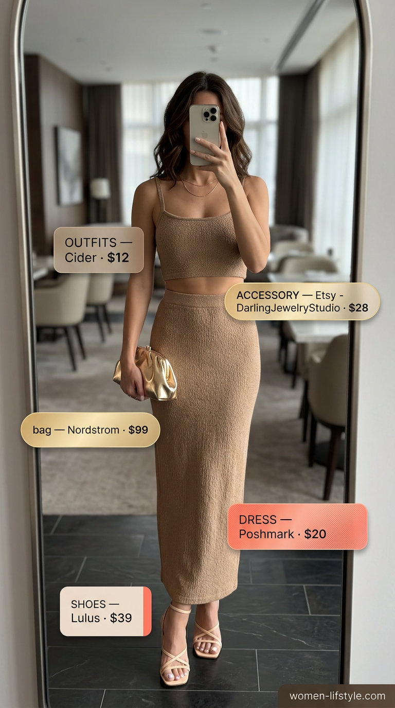 Sunset slip dress for trendy summer brunch outfits 2026. Coral satin midi dress, gold accessories.