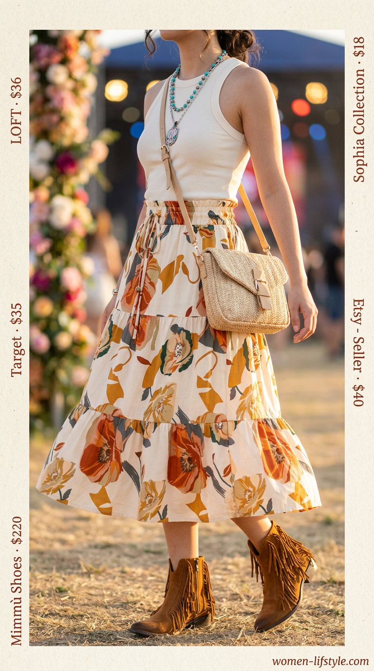 Trendy summer festival outfits for women 2026: Bohemian floral midi skirt with a knit tank, suede boots, and layered silver necklaces.