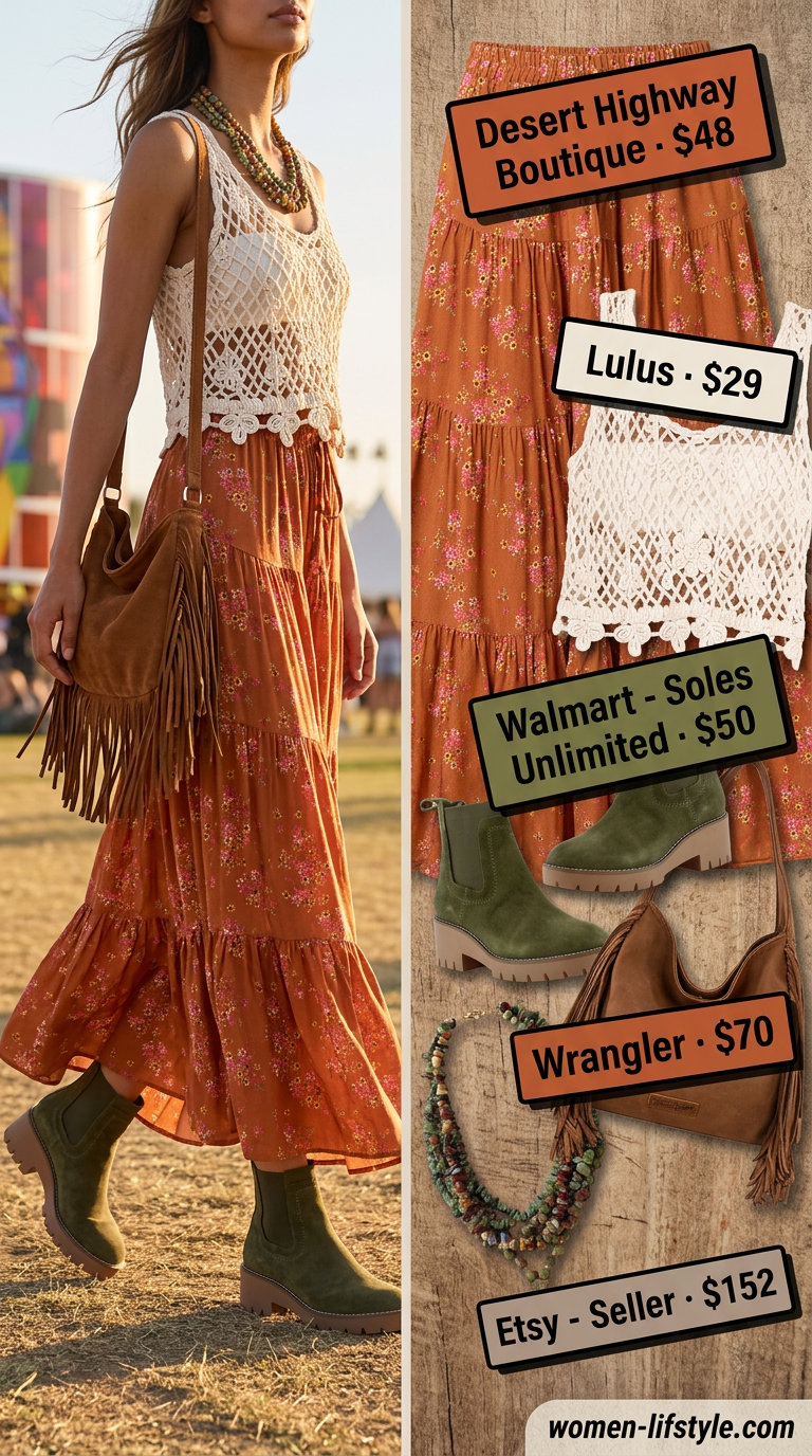 Trendy summer festival outfits for women 2026: Terracotta floral maxi skirt, crochet top, suede boots, and layered necklaces for a boho vibe.