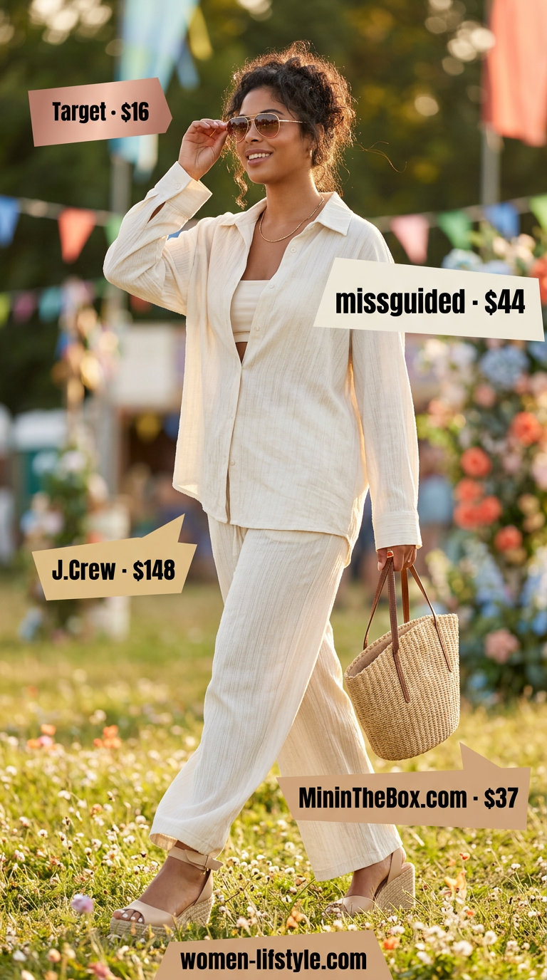 Trendy summer festival outfits for women 2026: Light blue pinstripe linen set with espadrilles and straw tote for chic daytime events.