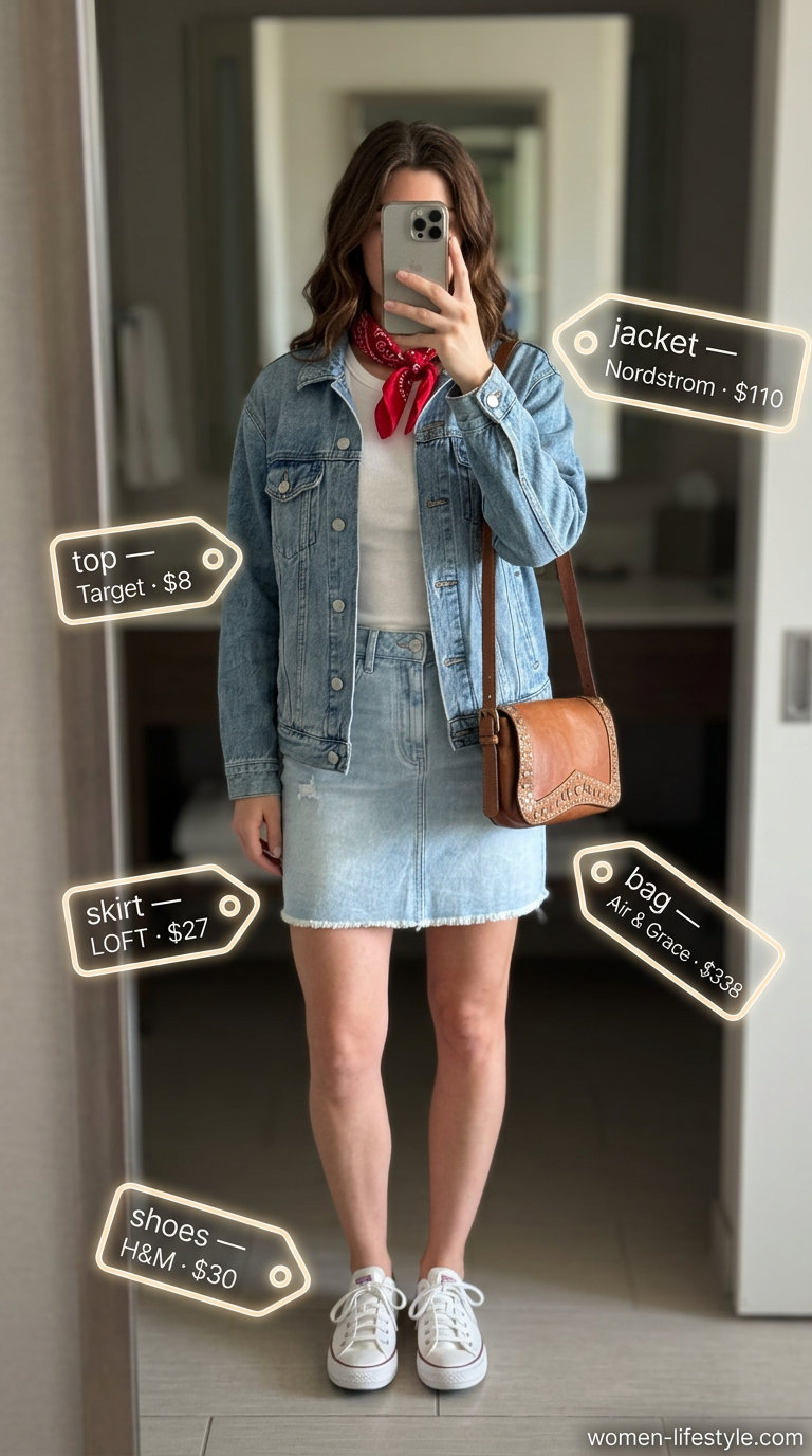 Denim duo outfit for trendy summer festival 2026: denim skirt, trucker jacket, white tank, bandana, crossbody bag.