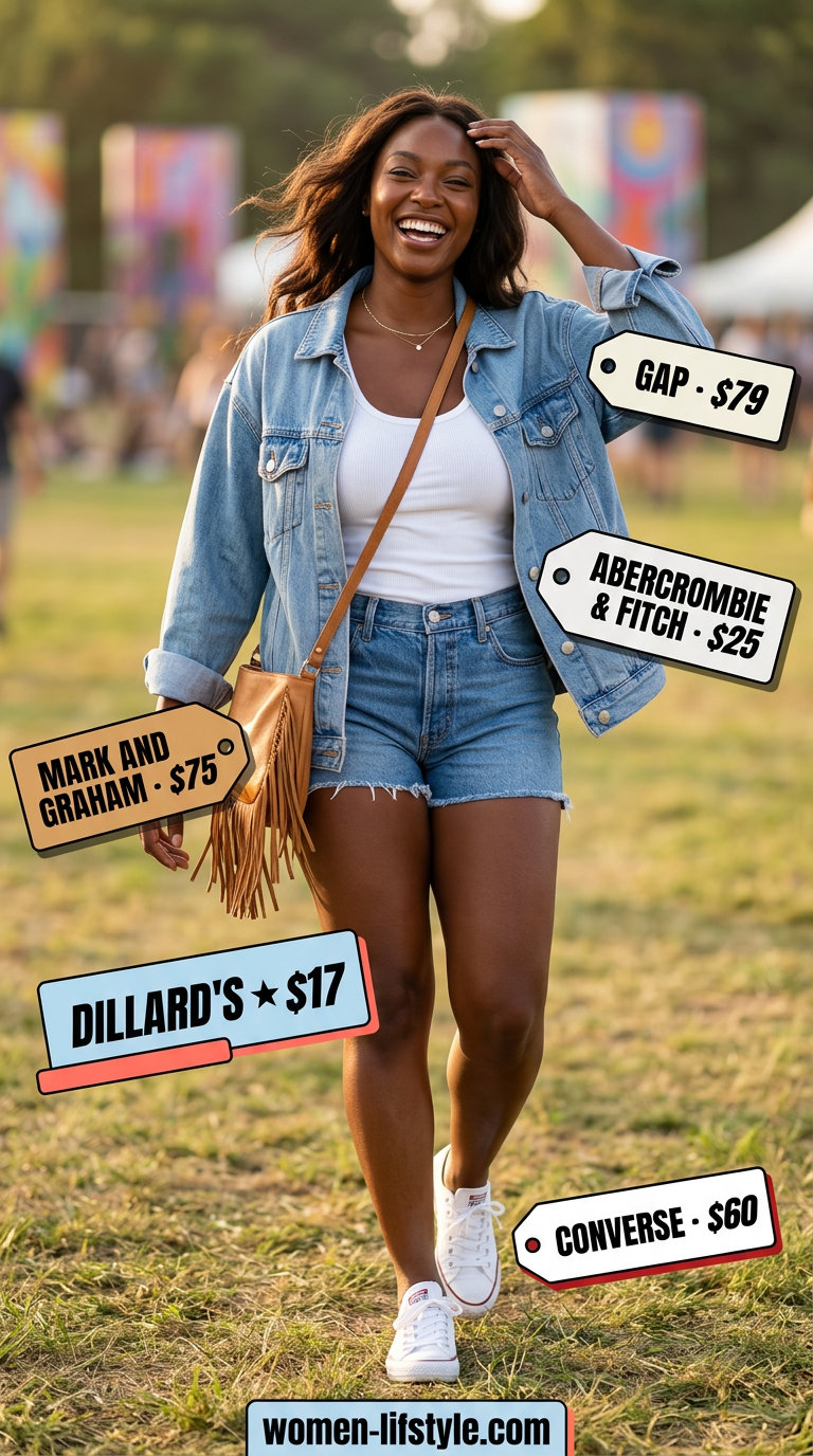 Trendy summer festival outfits for women 2026: Denim shorts, trucker jacket, ribbed tank, and sneakers for a casual cool vibe.