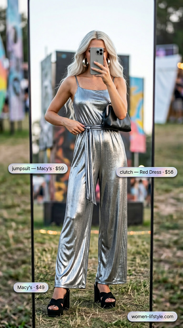 Trendy summer festival outfits for women 2026: Edgy silver jumpsuit with black platform sandals and hoop earrings for a night festival.