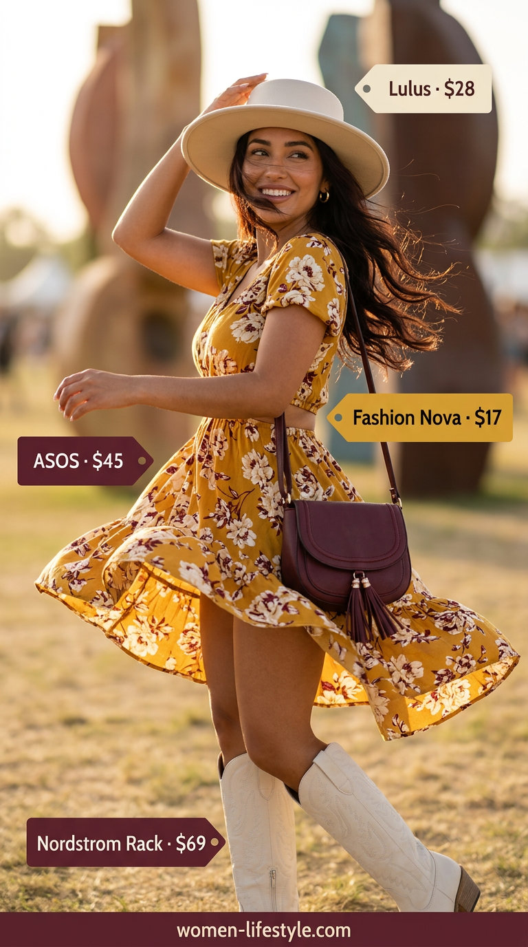 Trendy summer festival outfits for women 2026: Mustard yellow floral mini dress, cowboy boots, and felt hat for a playful festival look.