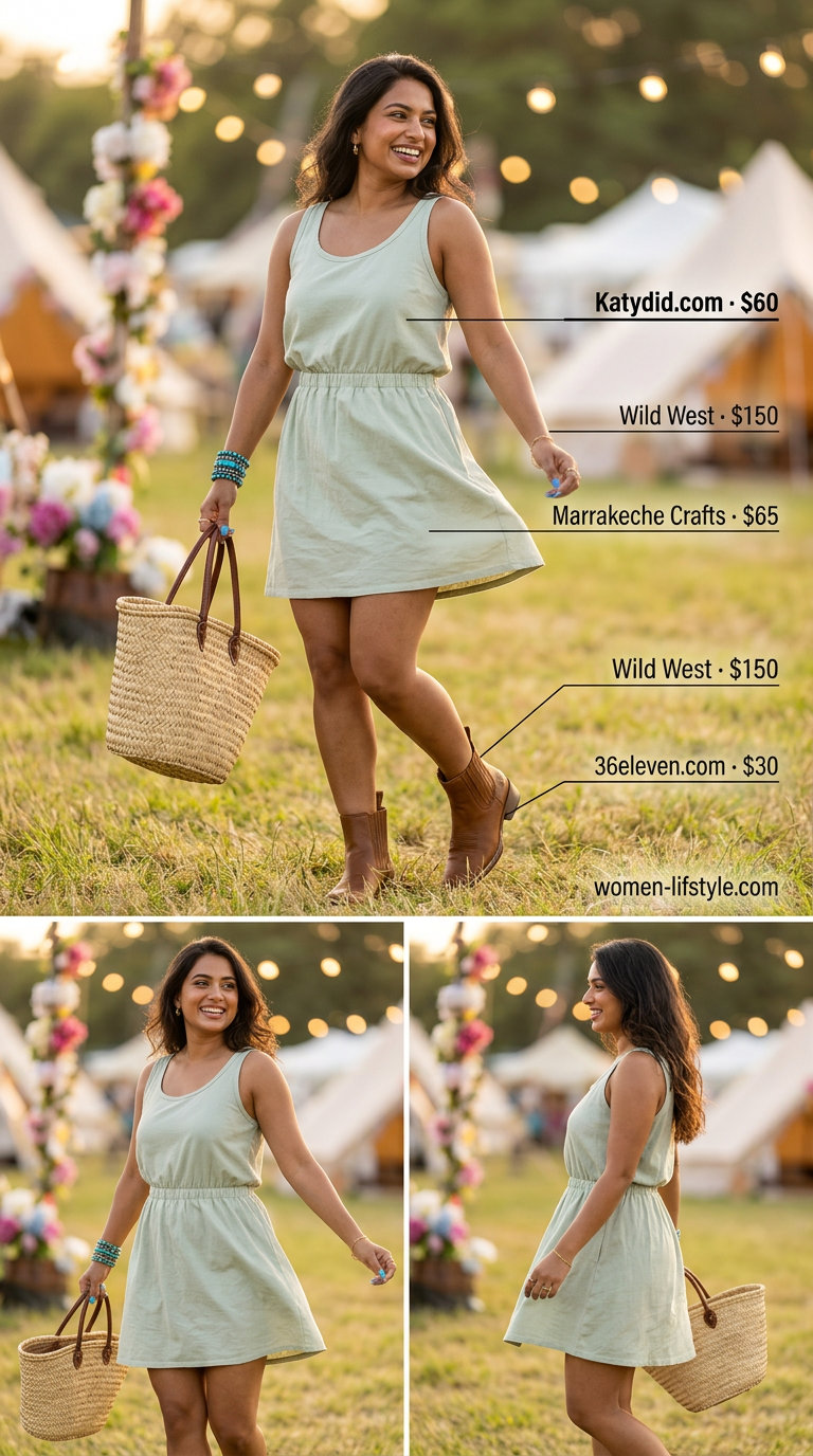 Trendy summer festival outfits for women 2026: Cream t-shirt dress with a distressed leather vest, ankle boots, and straw bag for a western vibe.