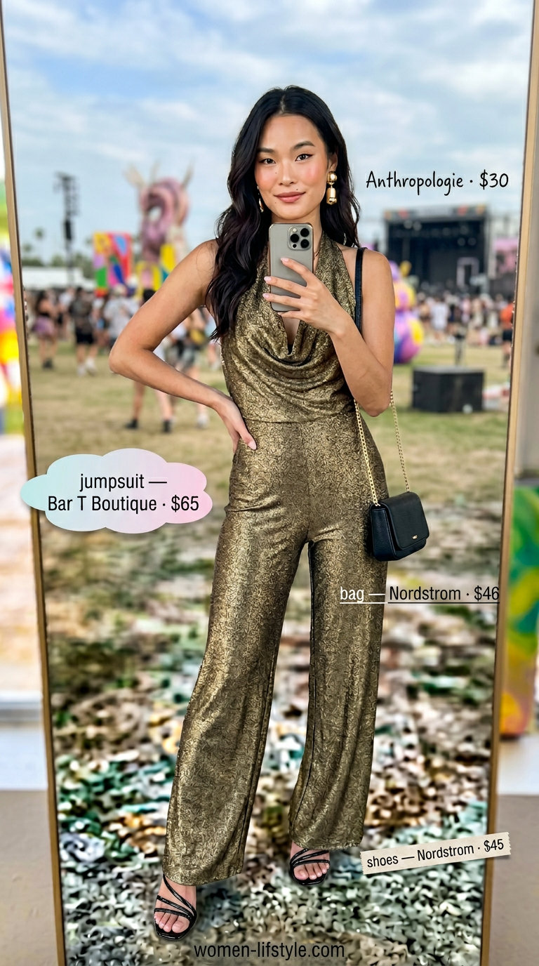 Golden hour jumpsuit outfit for trendy summer festival 2026: gold metallic jumpsuit, heeled sandals, statement earrings.