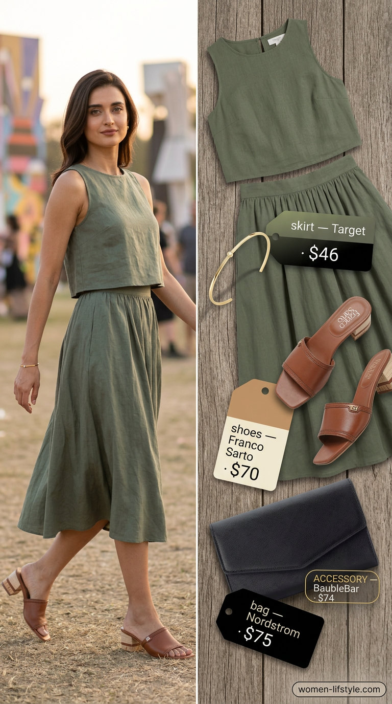 Monochrome midi outfit for trendy summer festival 2026: olive green knit skirt and tank set, leather slides, clutch.