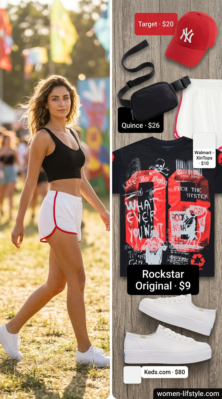 Retro sporty shorts outfit for trendy summer festival 2026: cream shorts, graphic tee, red cap, black belt bag.