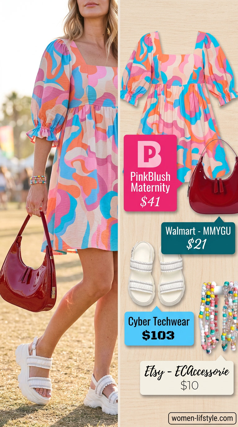 Trendy summer festival outfits for women 2026: Hot pink abstract sundress, platform sandals, and beaded bracelets for a retro look.