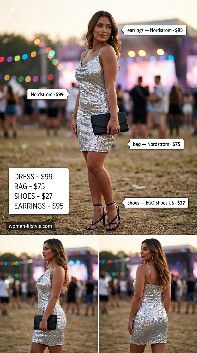 Trendy summer festival outfits for women 2026: Silver sequin slip dress with black heeled sandals and a clutch for a glamorous night out.