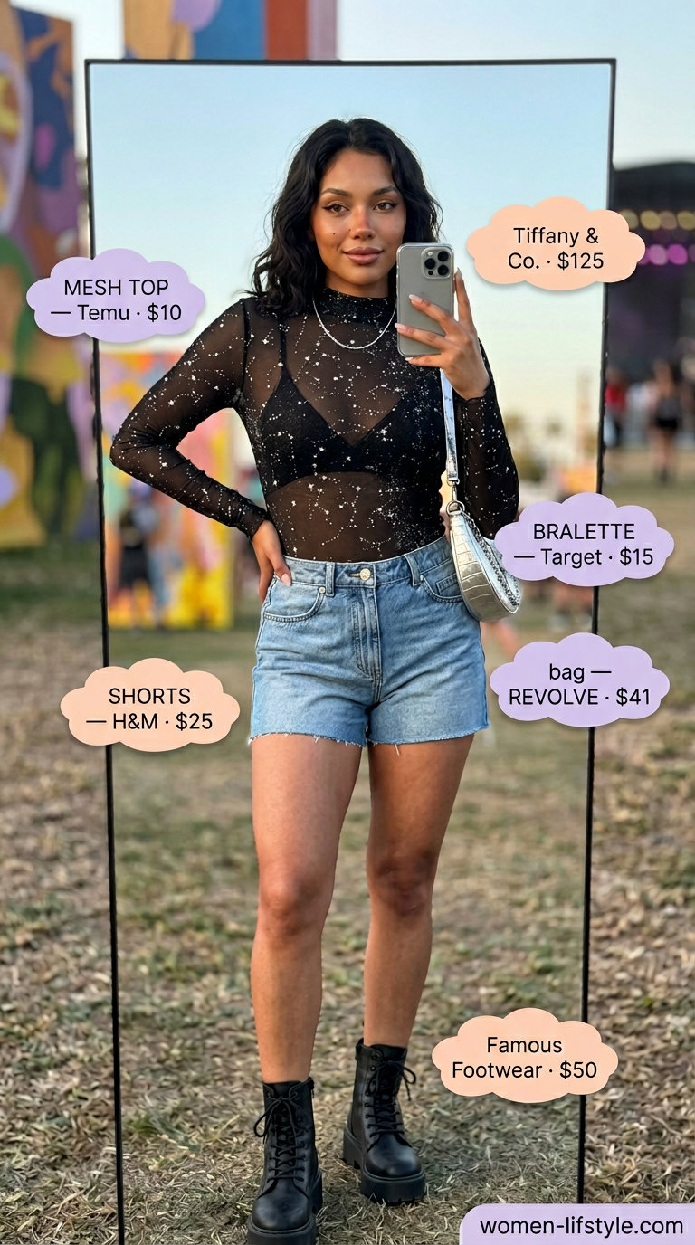 Trendy summer festival outfits for women 2026: Sheer mesh top over a bralette with denim shorts, combat boots, and silver accessories.